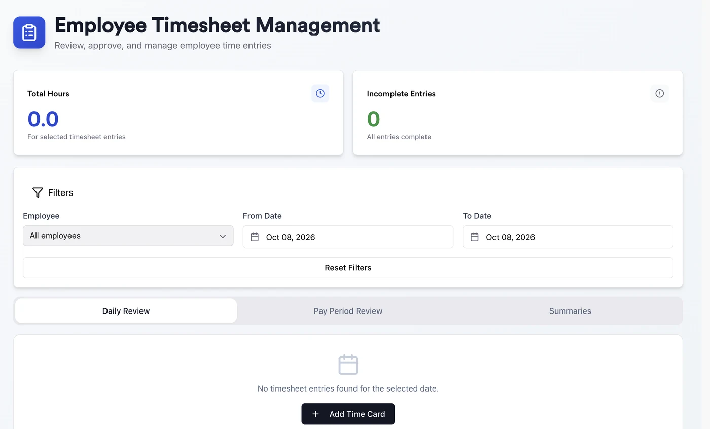 Quickvee Employee Timesheet Management screen
