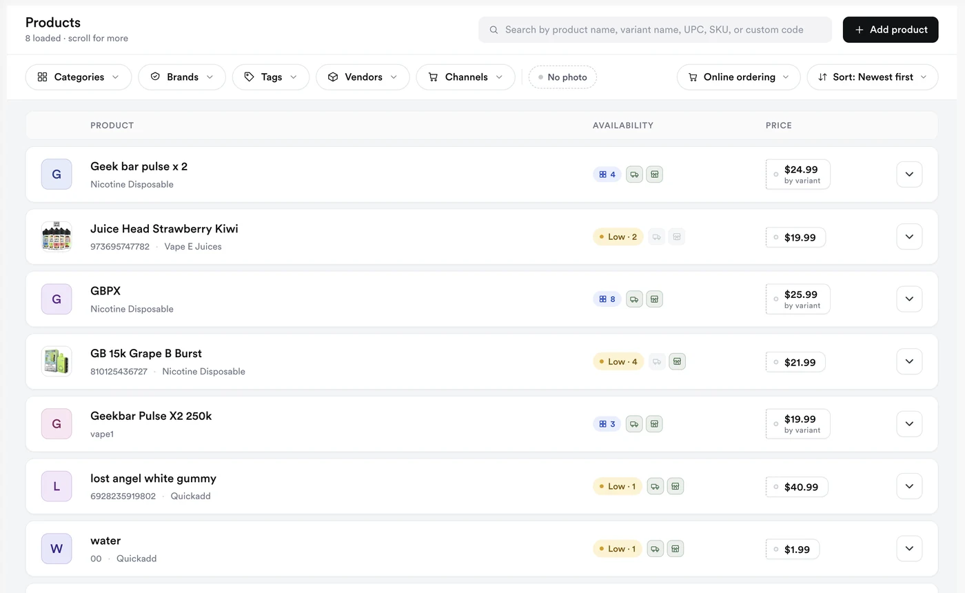 Quickvee Products list with online ordering filter and per-product channel availability