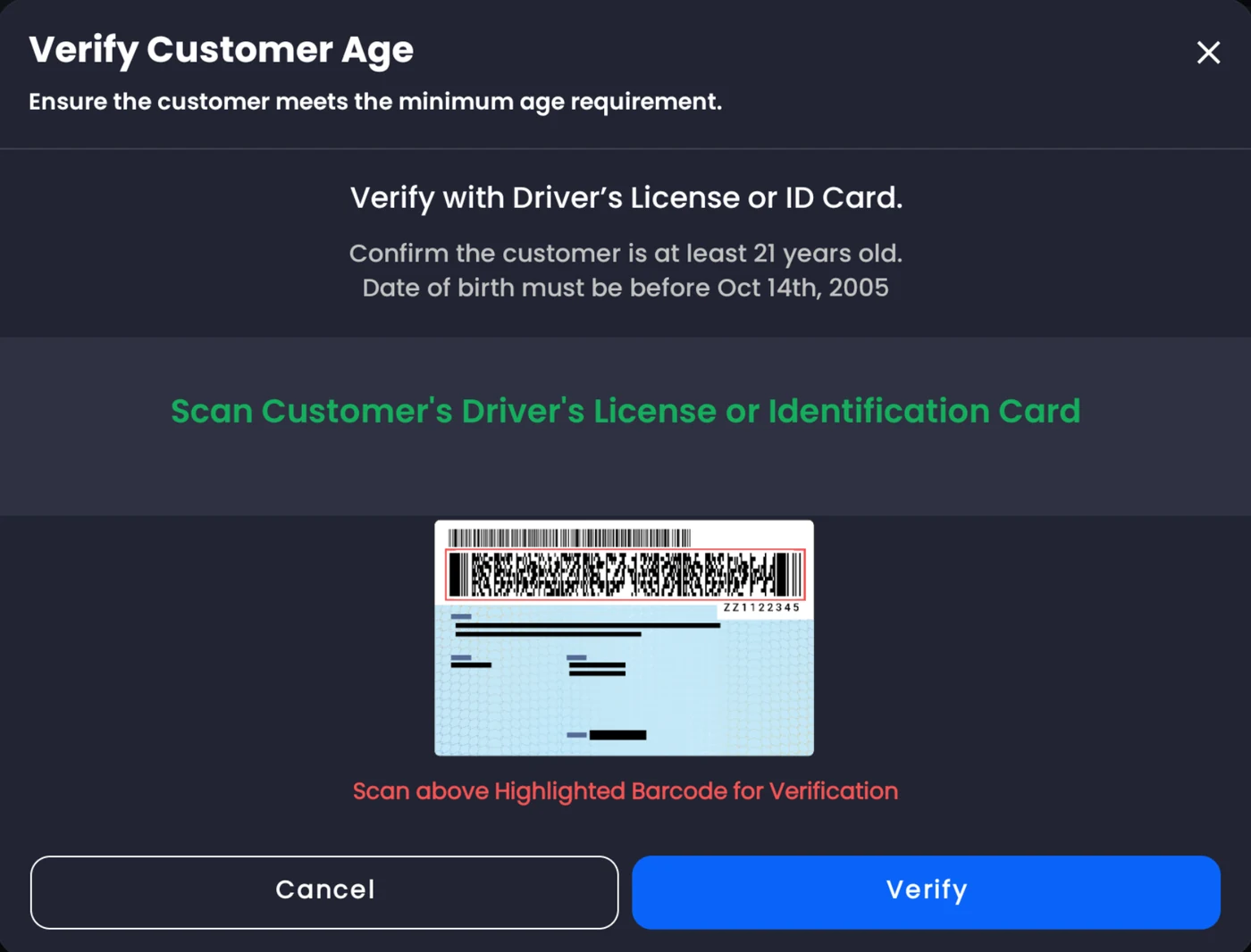 Quickvee Verify Customer Age screen prompting staff to scan the barcode on a driver's license or ID card