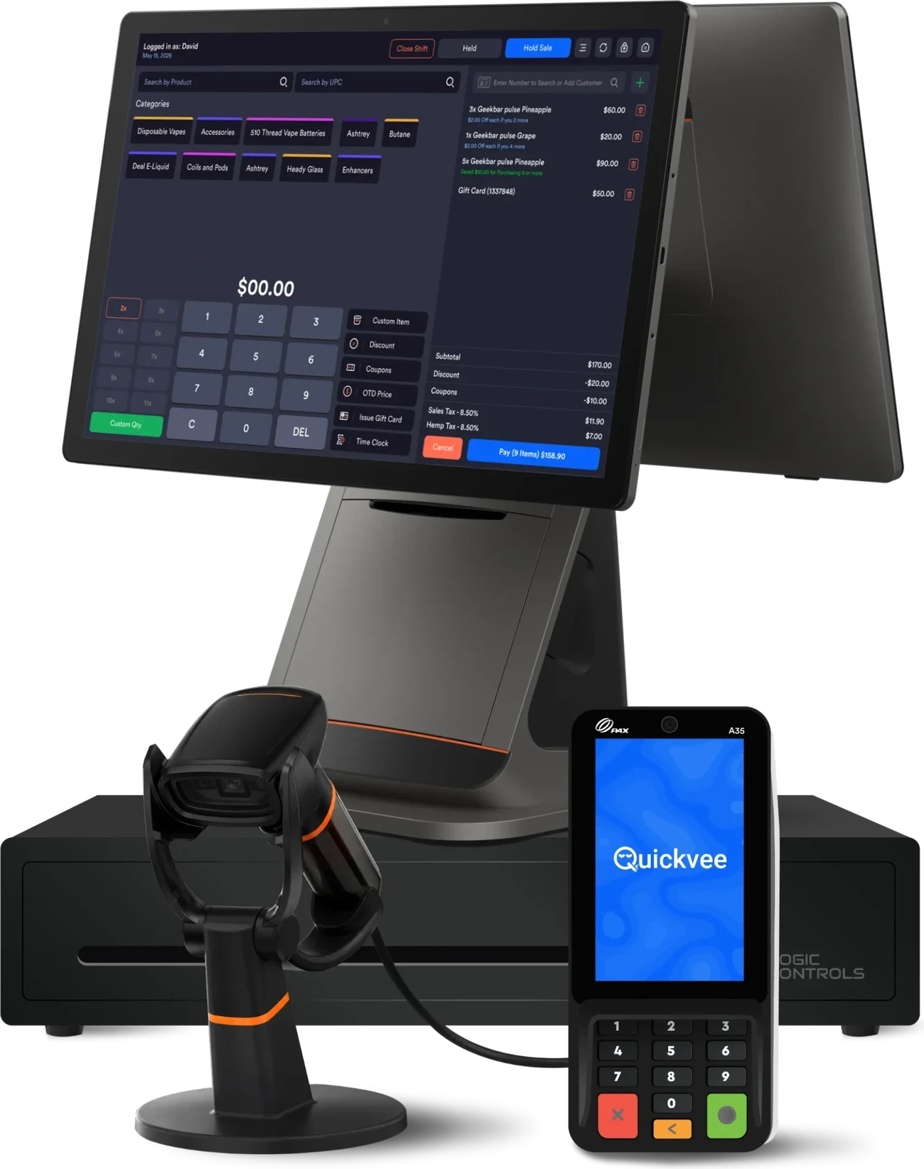 Quickvee POS hardware: dual-screen register on the Quickvee checkout screen, PAX A35 payment terminal, barcode scanners and cash drawer