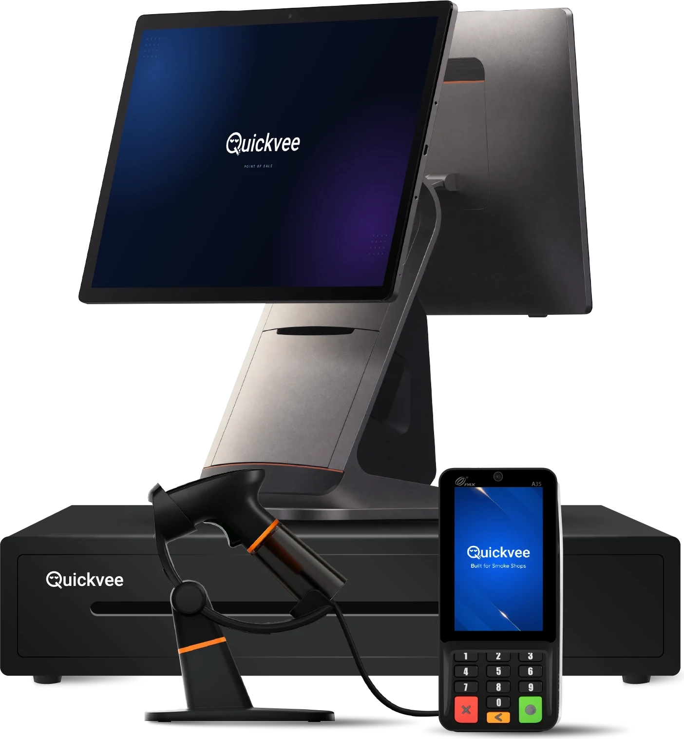 Quickvee Pro 2 bundle: dual-screen register, PAX A35 payment terminal, barcode scanner and cash drawer