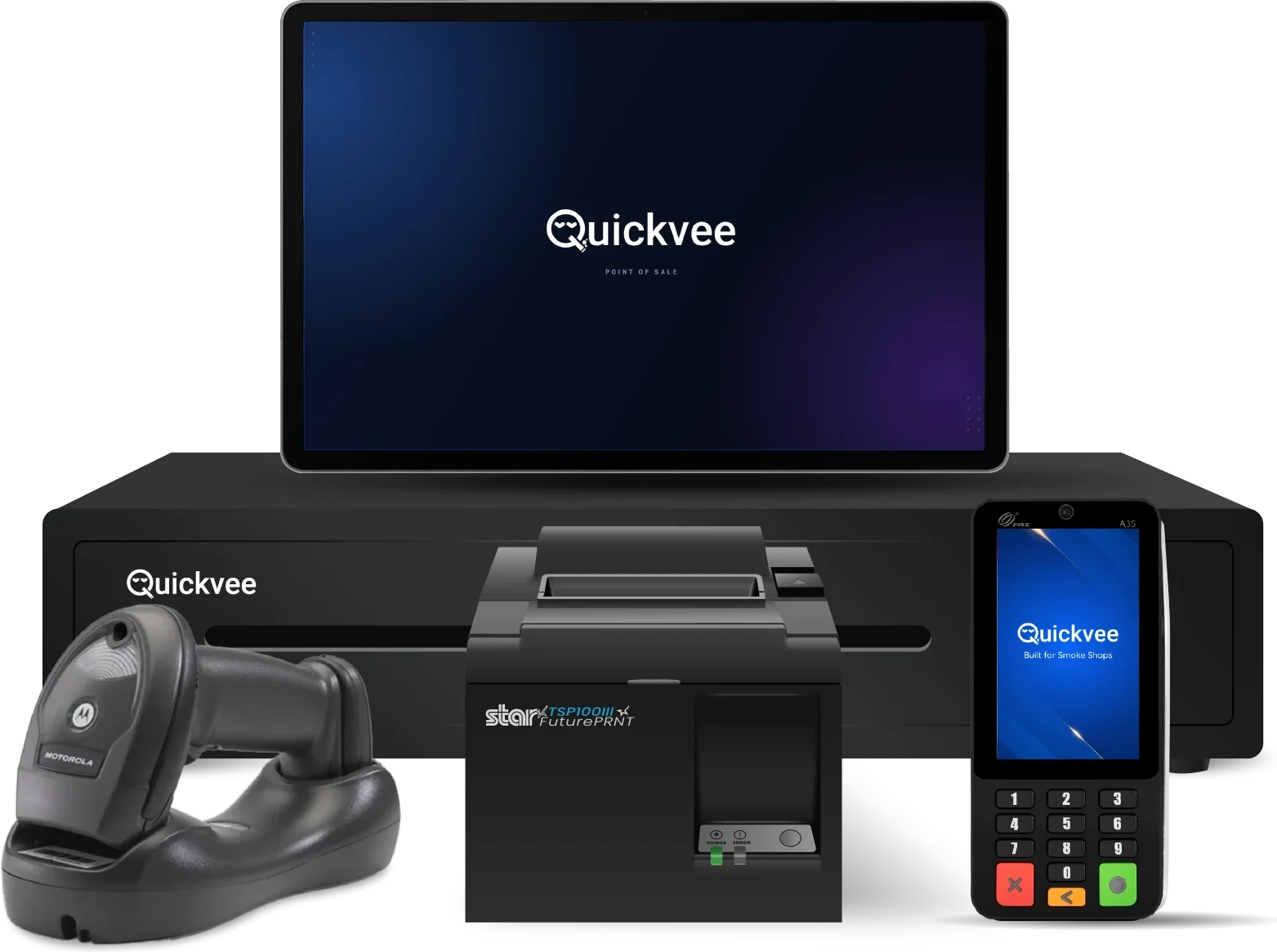 Quickvee Move package: PAX A35 payment terminal, cordless Bluetooth barcode scanner, receipt printer and cash drawer, shown with a tablet that is not included
