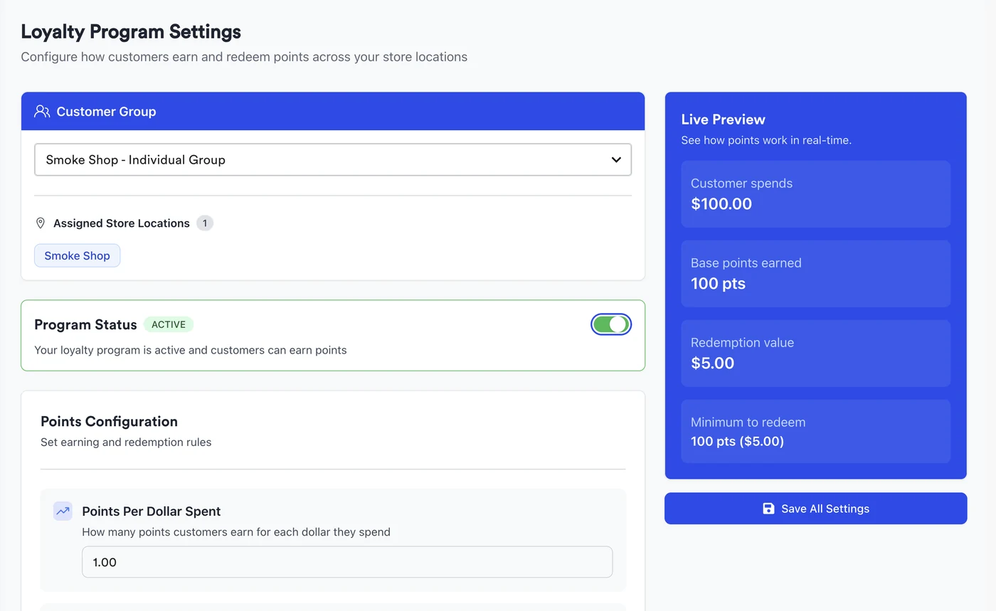 Quickvee Loyalty Program Settings with live points preview